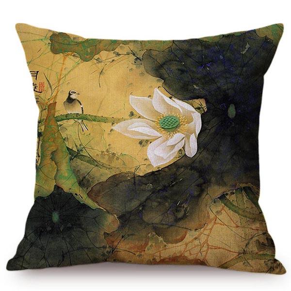 Chinese Style Vintage Ink Painting Lotus Pattern Throw Pillow Cover Classical Luxury Cushion Cover Sofa Decoration Pillowcase