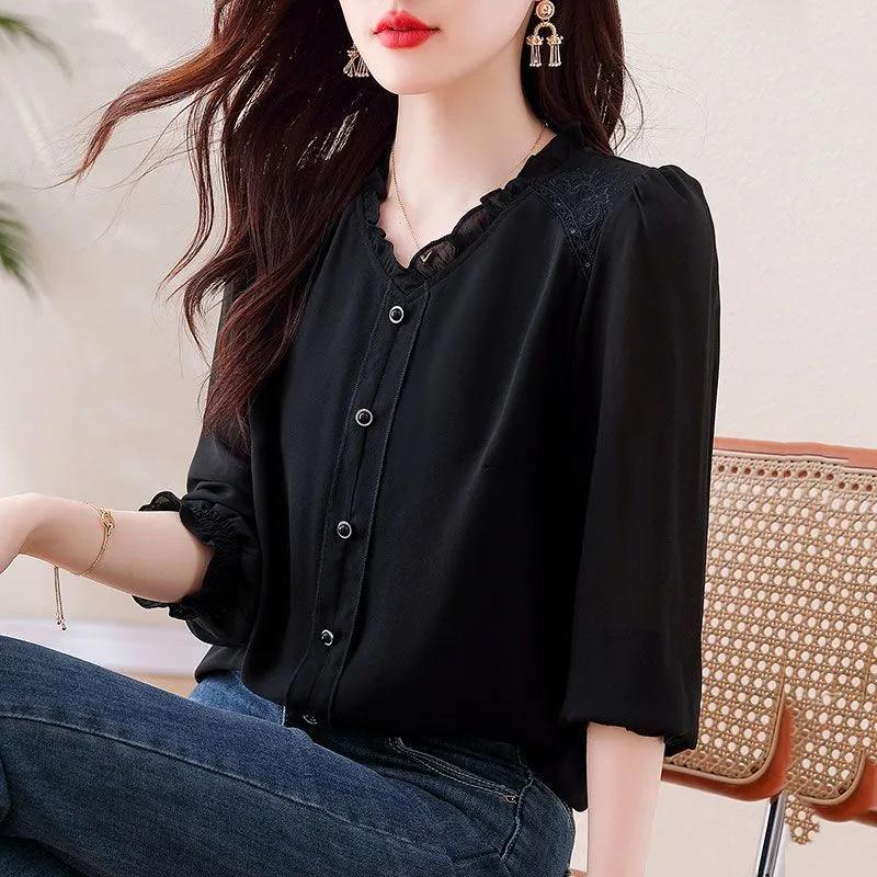 Women's Spring/Fall Plus Size Loose-Fit Midi-Length Shirt with V-Neck and Long Sleeves, Black