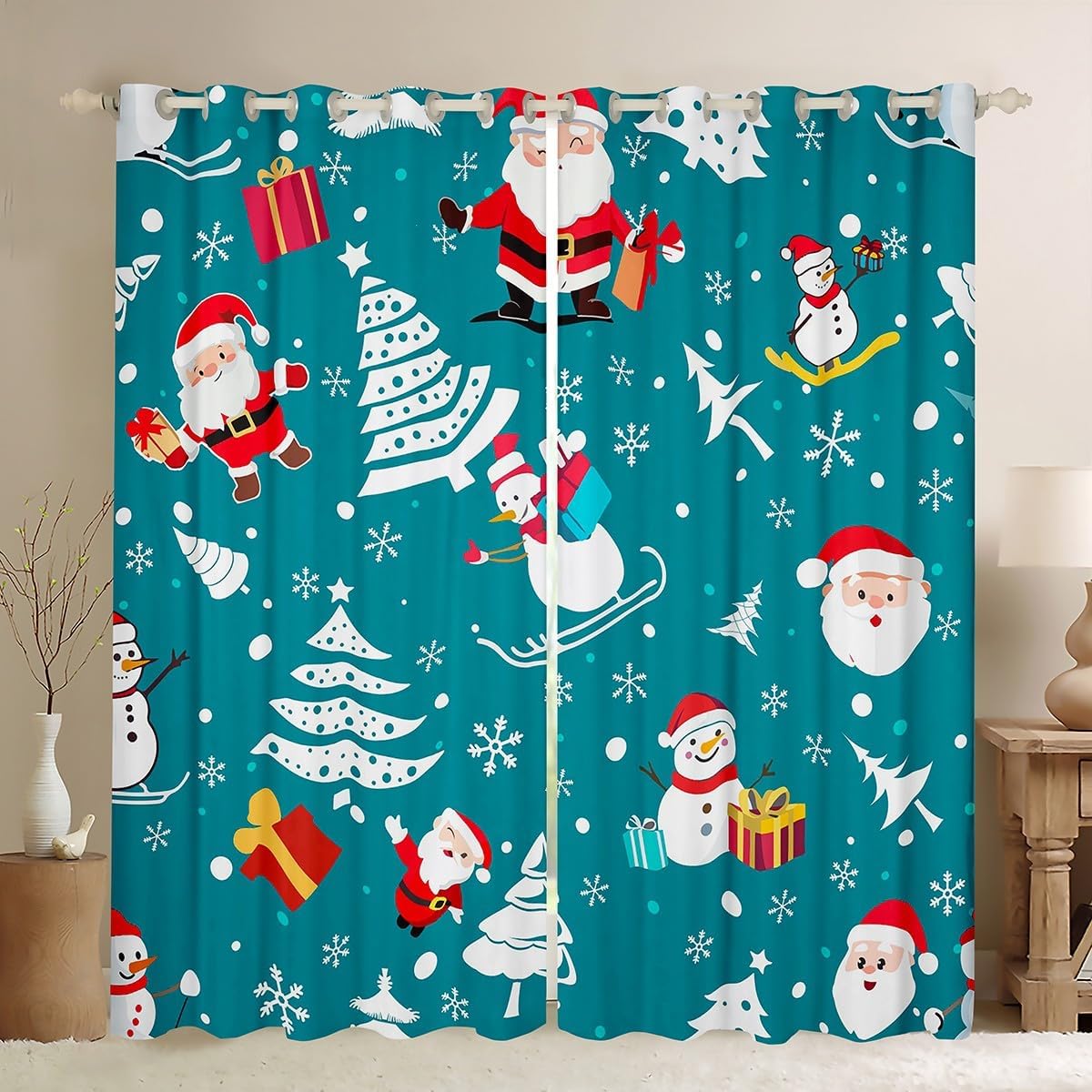 

Room Darkening Merry Christmas Curtains Bedroom Living Santa Claus Curtain Drapes Cartoon Decorations Made Of Polyester Washable Great Ready W100*H130(CM)-Hooks&2PCS