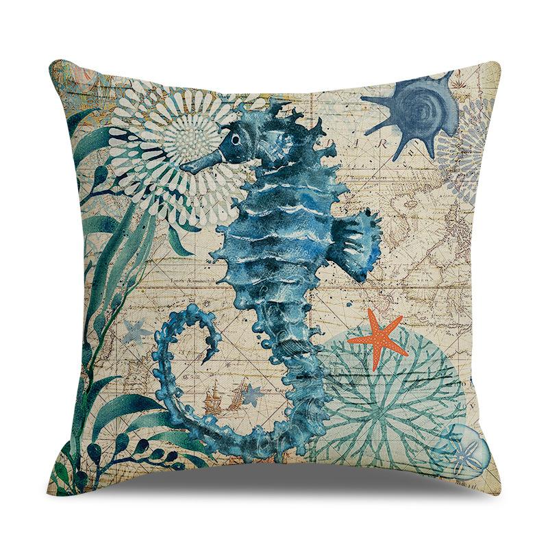 Linen Pillowcase Hand-painted Marine Cotton Linen Coral Seahorse Starfish Octopus Home Soft Furnishing Cushion Cover