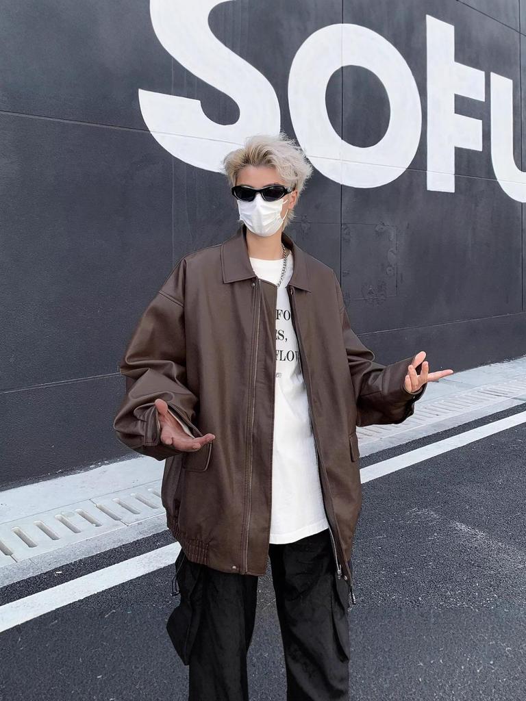 Men's Trendy PU Leather Motorcycle Jacket – Spring/Autumn, High-End Look, Handsome Casual Loose Fit, Lapel Design.