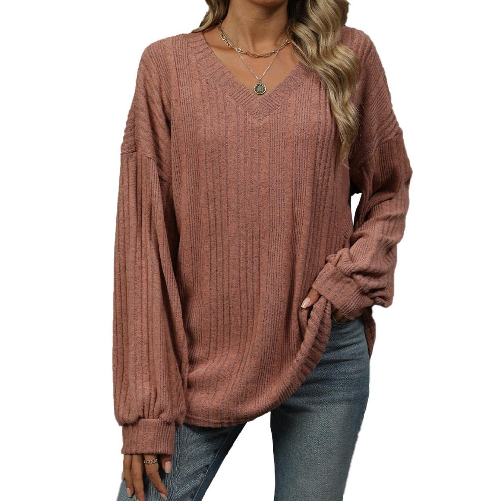 Fall Winter Women's Solid Color V Neck Loose Long Sleeve T-shirt Top Casual Daily Wear For Women