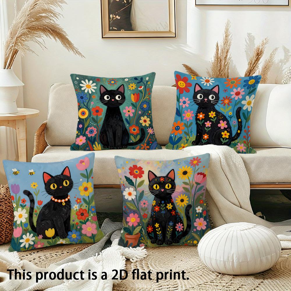 1/4Pcs Black Cat Floral Pillowcases For Cozy Decor Sofa Cushion Cover Home Bedroom Room Decoration