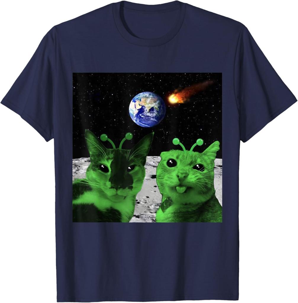 Alien Cats Moon Meteor Earth Invasion Graphic Tee Men's Casual Cotton T-Shirt