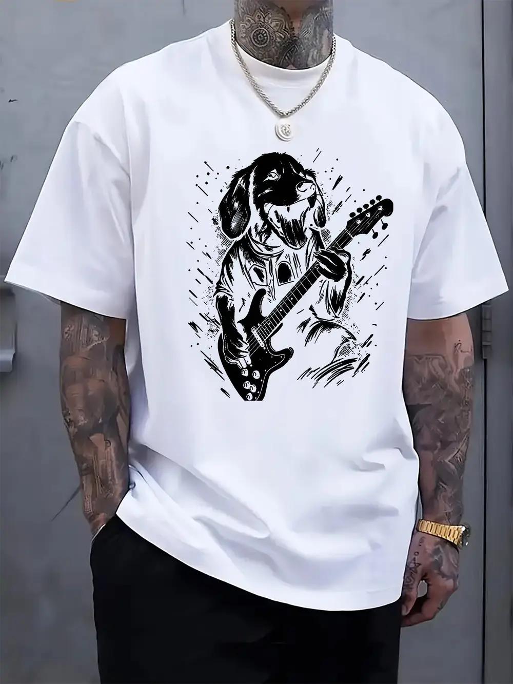 

Black Casual T-shirt with Rocking Dog Guitar Print - Short Sleeve S