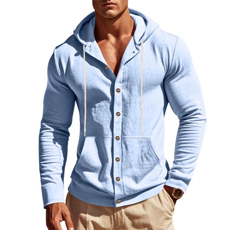 Cárdigan con capucha y cordón para hombre, cierre de botones al frente, manga larga, bolsillo, sudadera casual