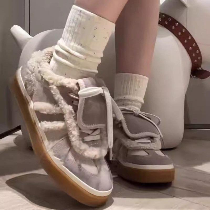 Fashion Women's Flat Sports Shoes Winter New Round Head Splicing Suede Front Lacing Anti-slip Wear-resistant Cotton Boots