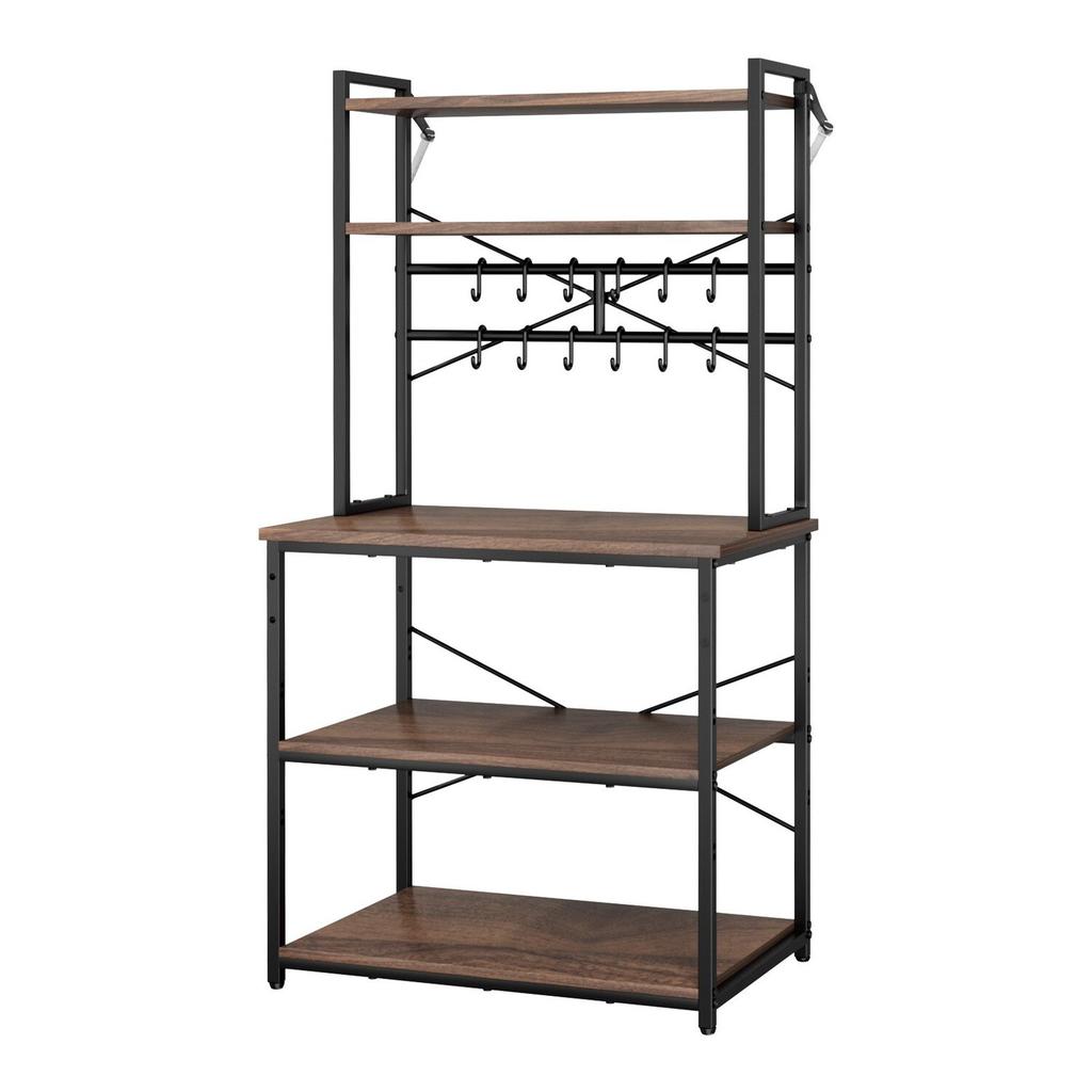 Kitchen Bakers Rack, 800 Mm Width Bakers Rack, Kitchen Stand with X-Shaped Support Bar, 12 S-Shaped Hooks, Double-Layer Top Shelf, Coffee Bar Stand