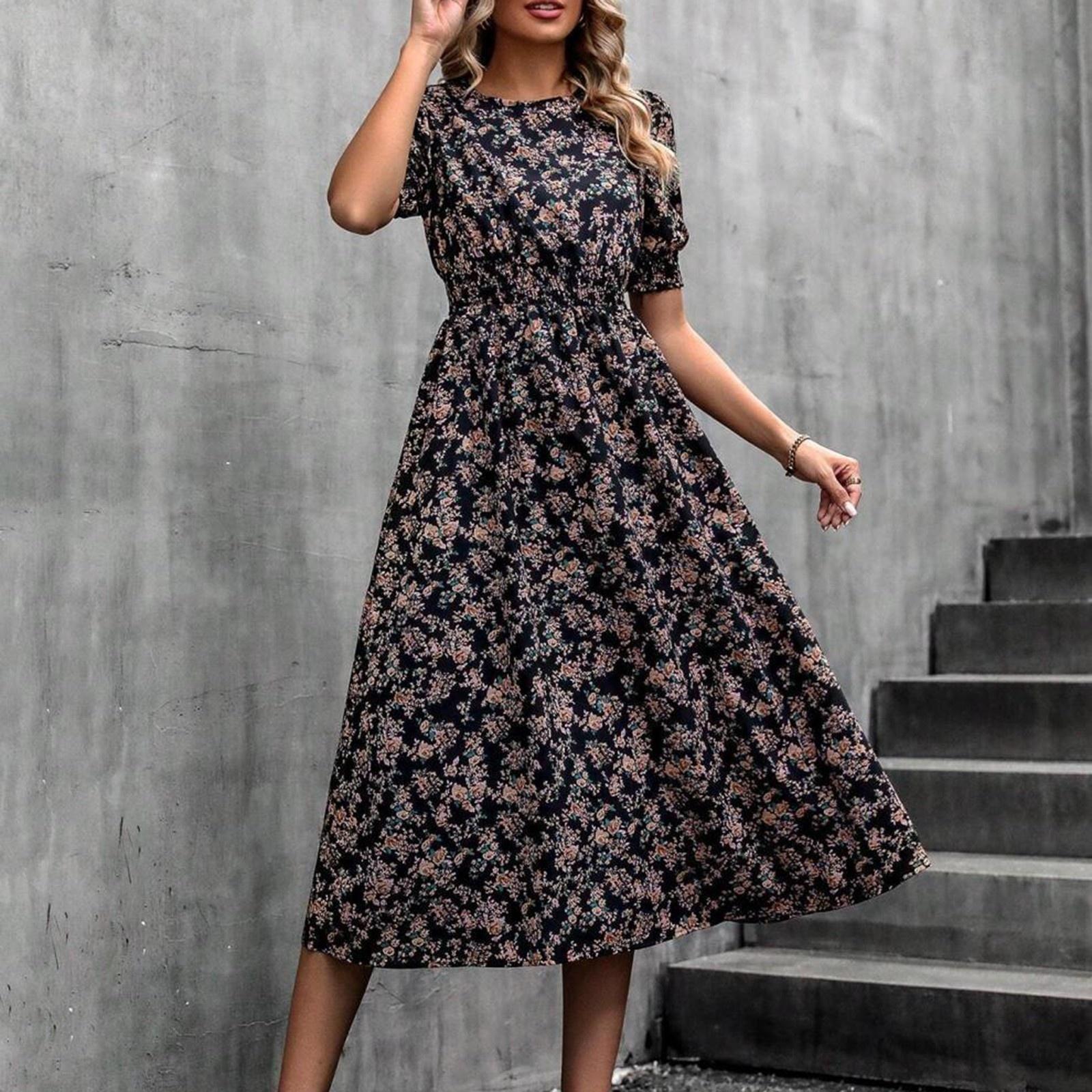 

Женское модное платье с круглым вырезом, короткими рукавами и цветочным принтом, повседневное для отдыха L чёрный