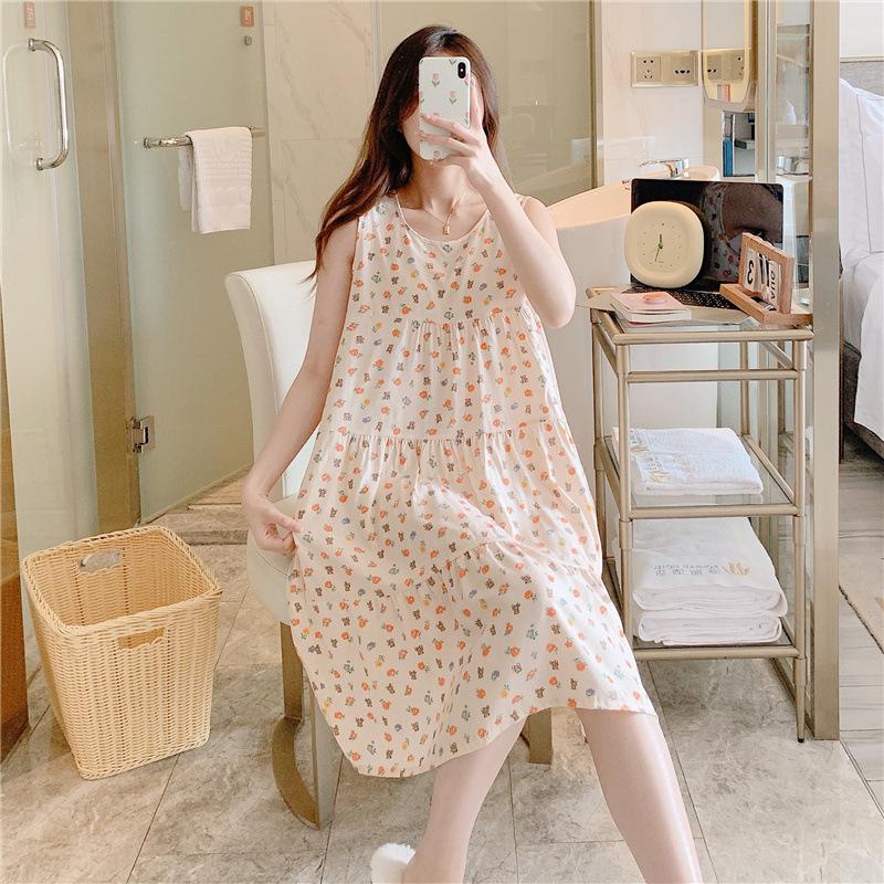 Women's Cotton and Silk Nightgown Summer Thin Internet Celebrity Large Size Printed Pajamas New Sleeveless Loungewear