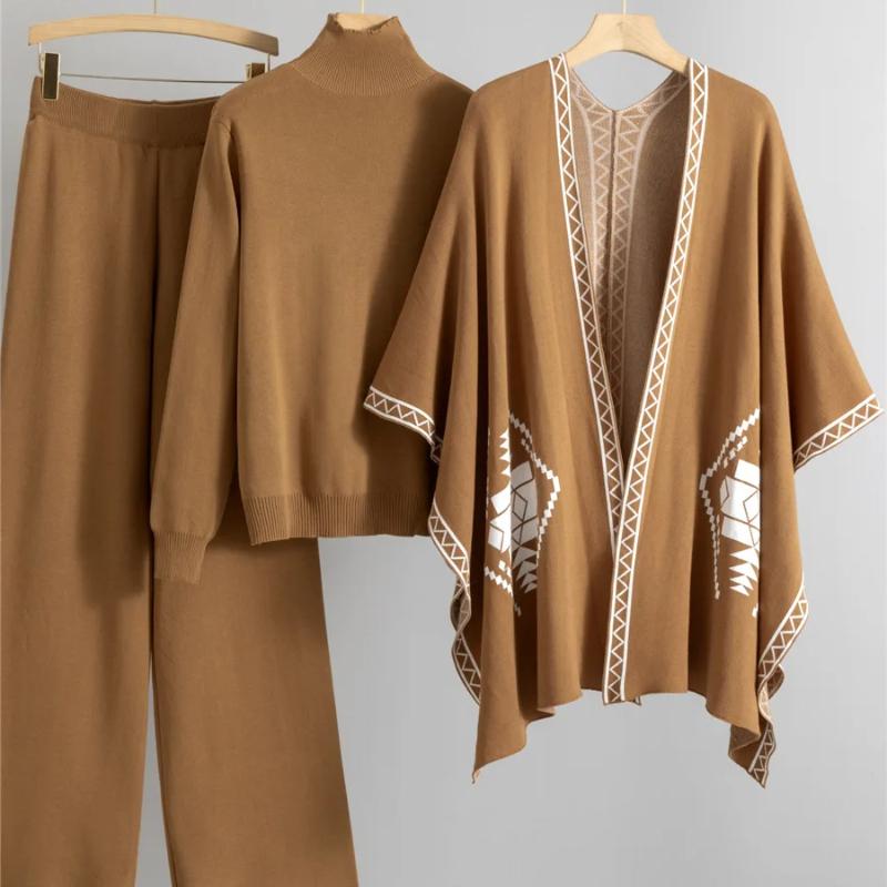 Korean Design Knitted 3 Piece Sets Women Knitwears Chic Shawl Sweater Pullover Tops Conjuntos High Waist Wide Leg Pants Outfit