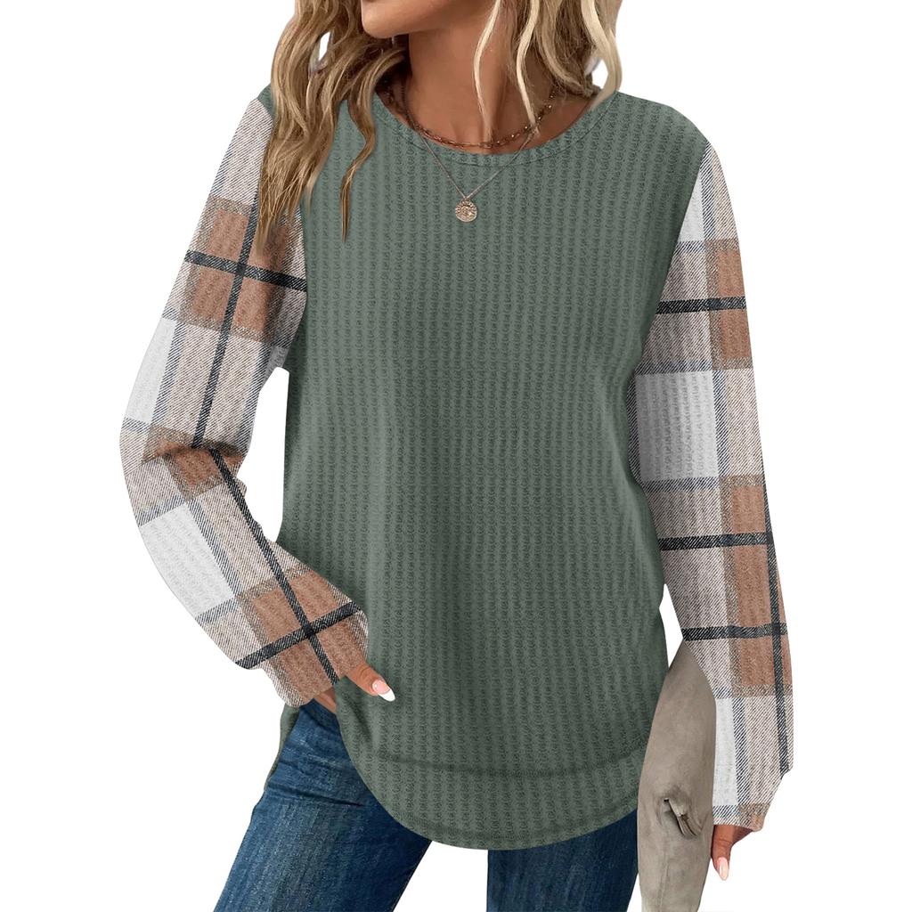 Women's Plaid Print Round Neck Long Sleeve Casual Loose Top