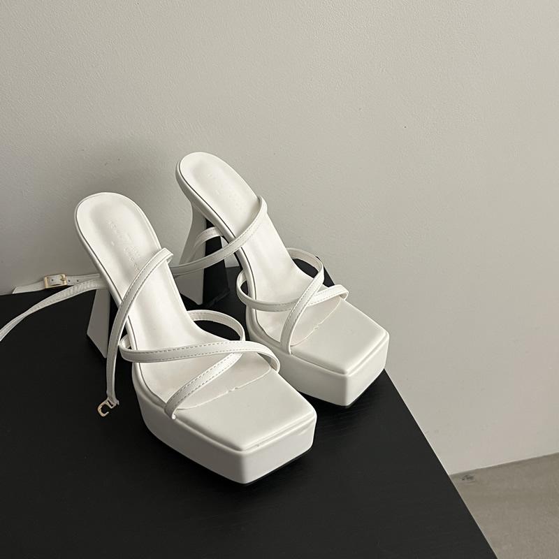 

2024 Fashion Ladies PU Narrow Band Cross Super High Heels Women Platform Square Toe Buckle Strap Spike Heels Sandals Party Club 34 бежевий