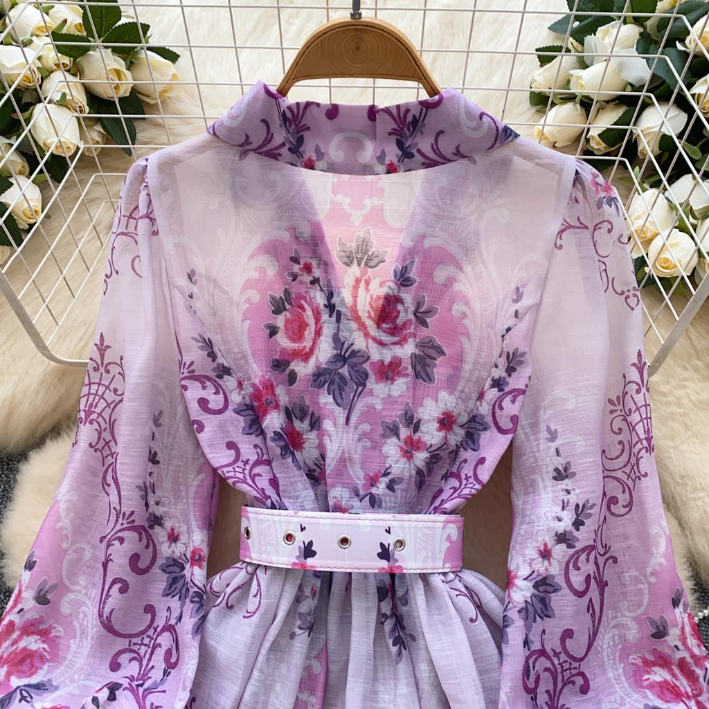 Frühling Sommer Frauen Elegante Volle Hülse Blume Drucken Mini Kurze Hemd Party Kleider Mit Gürtel