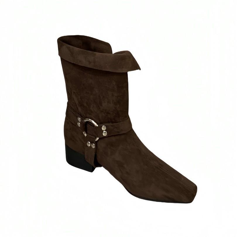 2025 autumn new French retro low heel square head two wear lapel western cowboy boots women's fashion belt buckle