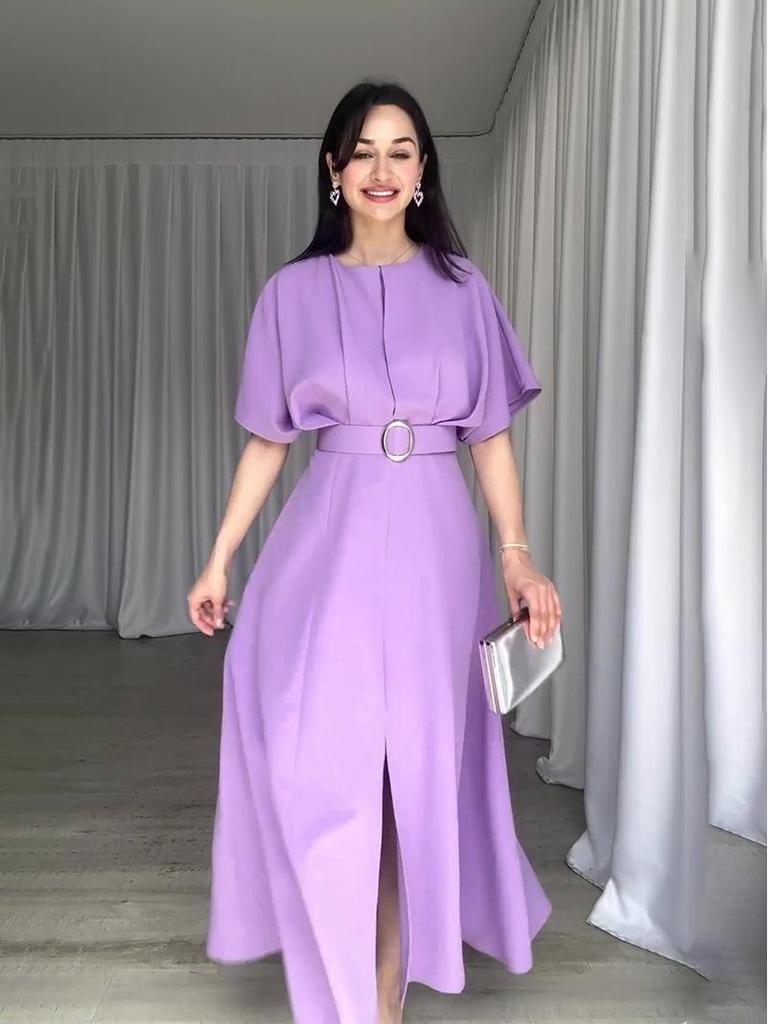 European & American Solid Color Round Neck Short Sleeve Slim Fit Long Dress with Waist Belt