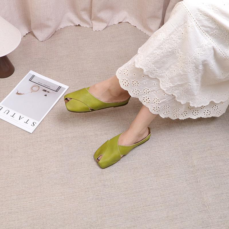 Johnature Papuci cu degetul pătrat din piele naturală Pantofi pentru femei Pantofi casual pentru exterior Pantofi confort papuci