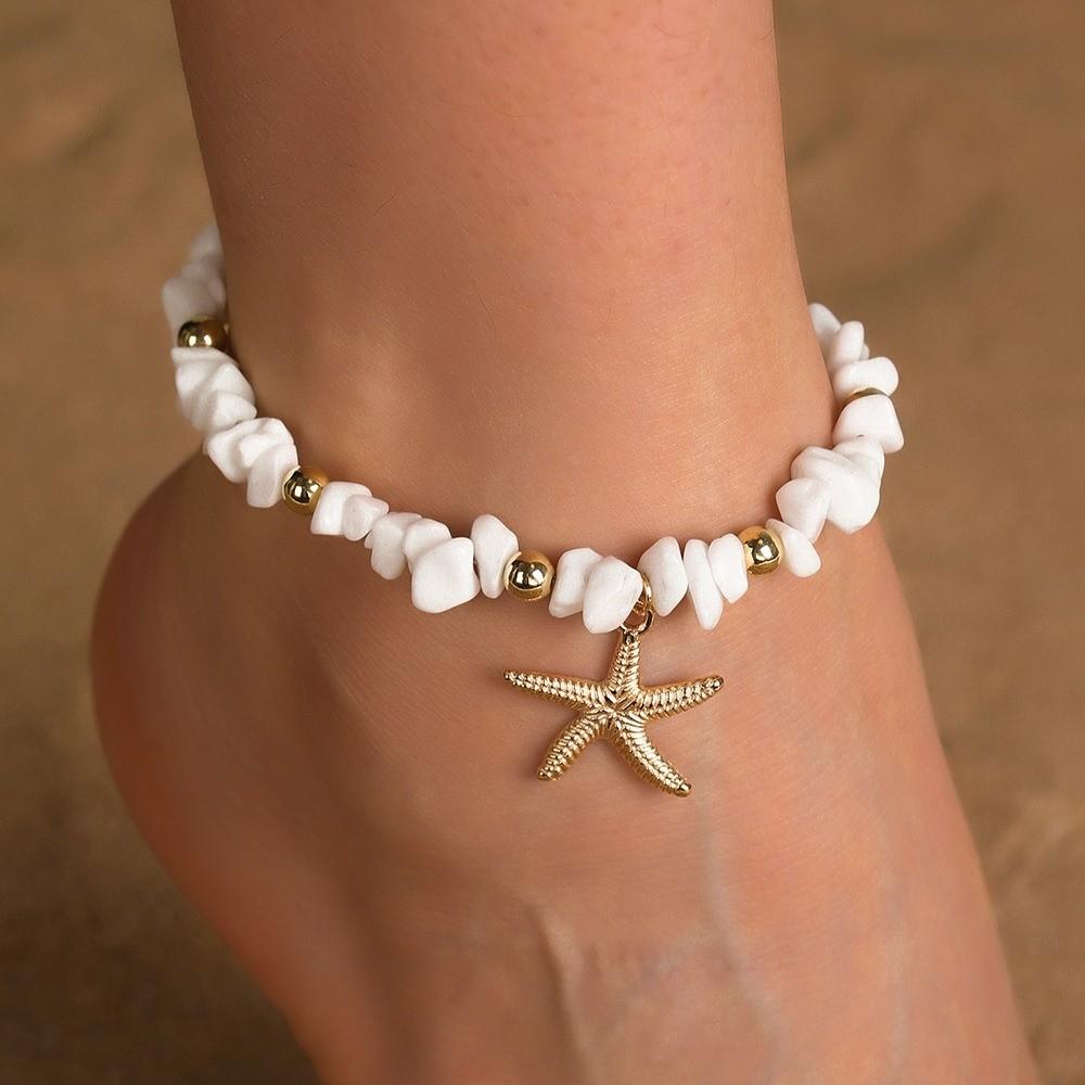Elastic Starfish Pendant Ankle Pearl Beach Foot Chain Fashion Boho Beaded Anklets  Summer