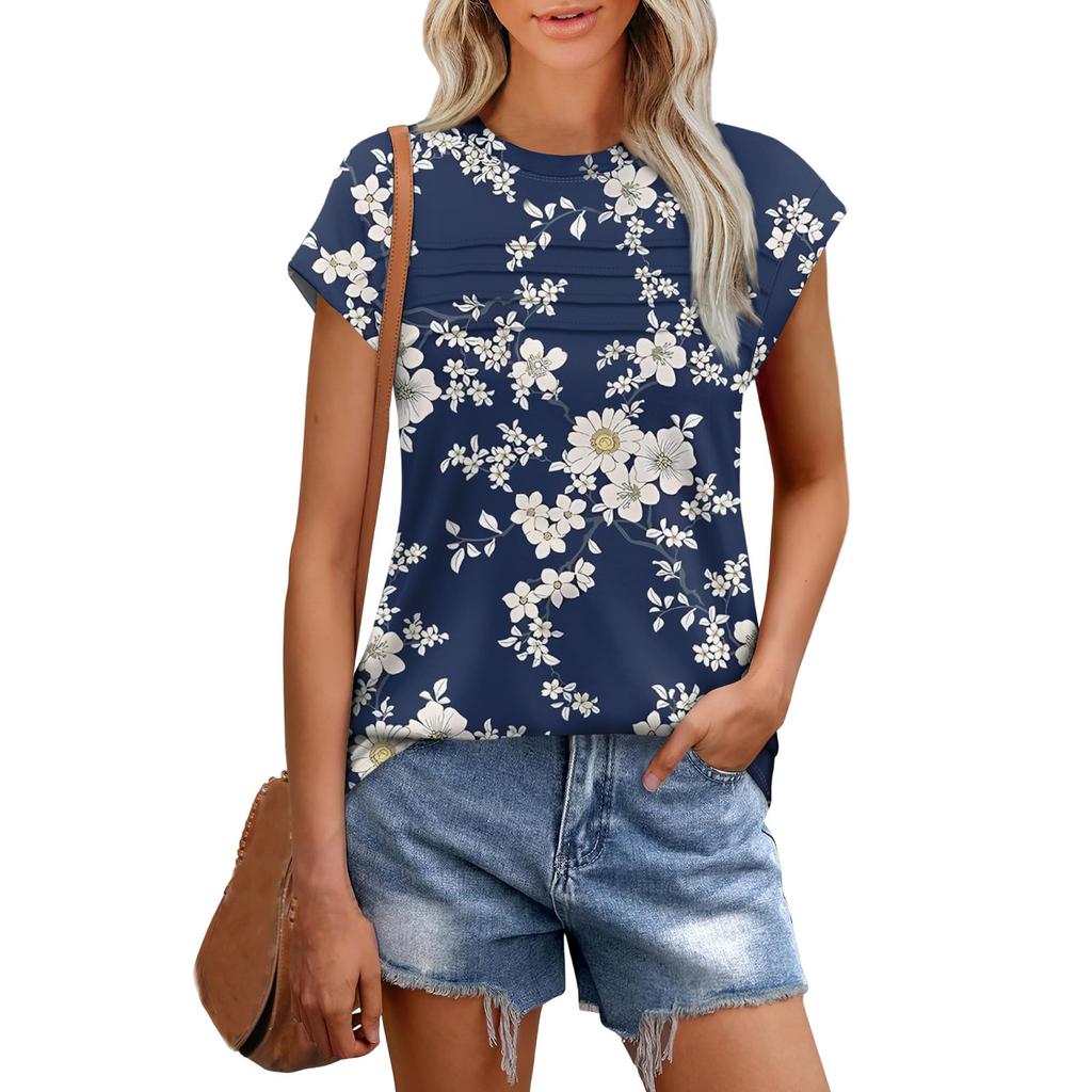 Damenmode Lässig Kurzarm Basic Textur Floral Rundhals T-Shirt Kappenärmel Top