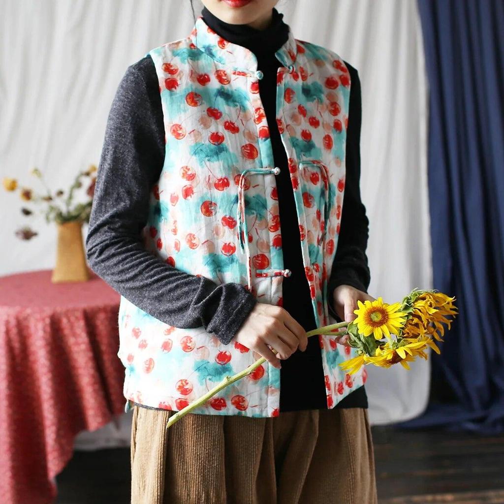 Johnature Gilet da donna vintage con bottoni cappotti con stampa floreale e vestiti in cotone Gilet da donna in stile cinese primaverile