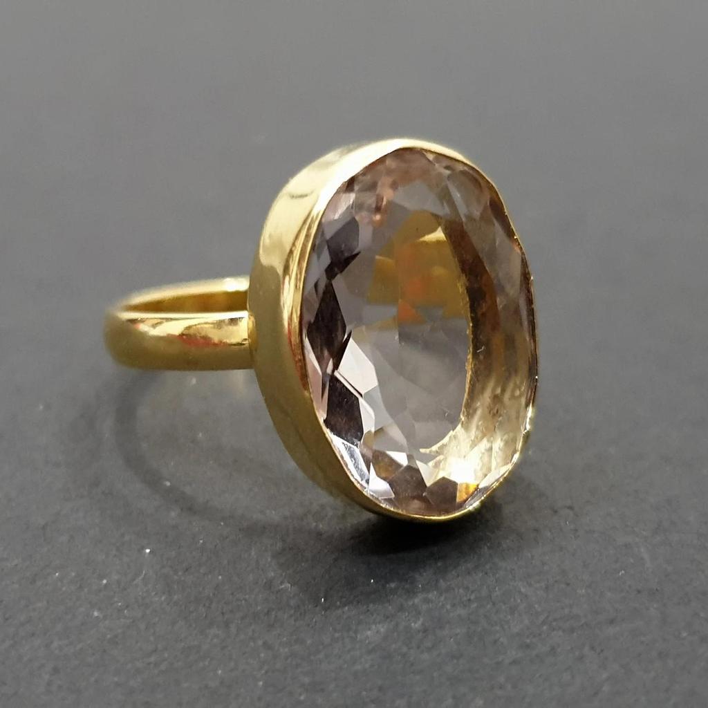 Crystal Clear Quartz 925 Sterling Silver Yellow Gold Overlay Handmade Ring Jewelry