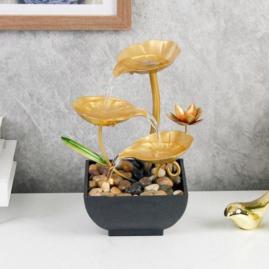 Yousheng Gold Tabletop Water Fountain 3-Tier Waterfall Fountain with Light Indoor Lotus Desktop Small Fountain with Rocks for Zen Home Office Bedroom