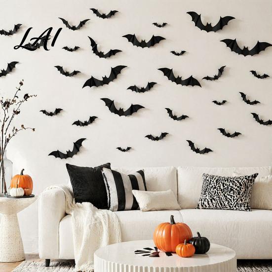 Halloween Bat Wall Stickers 3D Bats Decor Black Stickers Waterproof Shaped Art Scary Plastic DIY Room Decal for Indoor Party Supplies Outdoor Decor