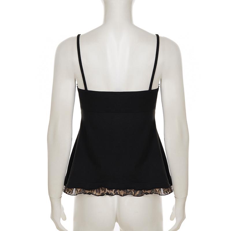 European & American Sexy Leopard Print Color Block A-Line Lace Tie-Up Camisole