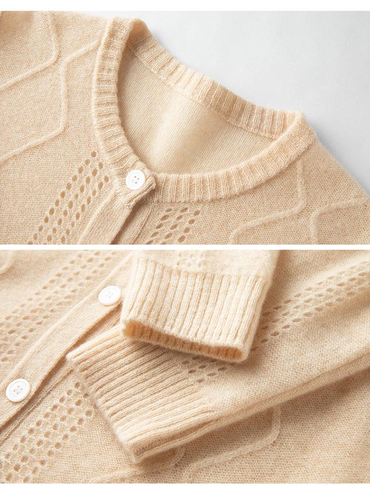 Pure Cashmere Women's V-Neck Cardigan with Elegant Hollow Diamond Pattern for Autumn/Winter