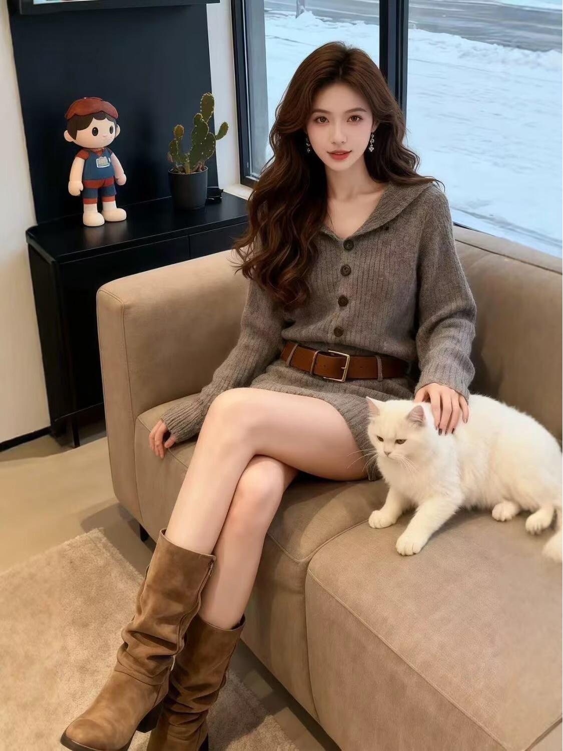 

2025 Autumn/Winter Petite Fit Waist-Cinched Sweater Mini Dress with Belt One Size 90-140
