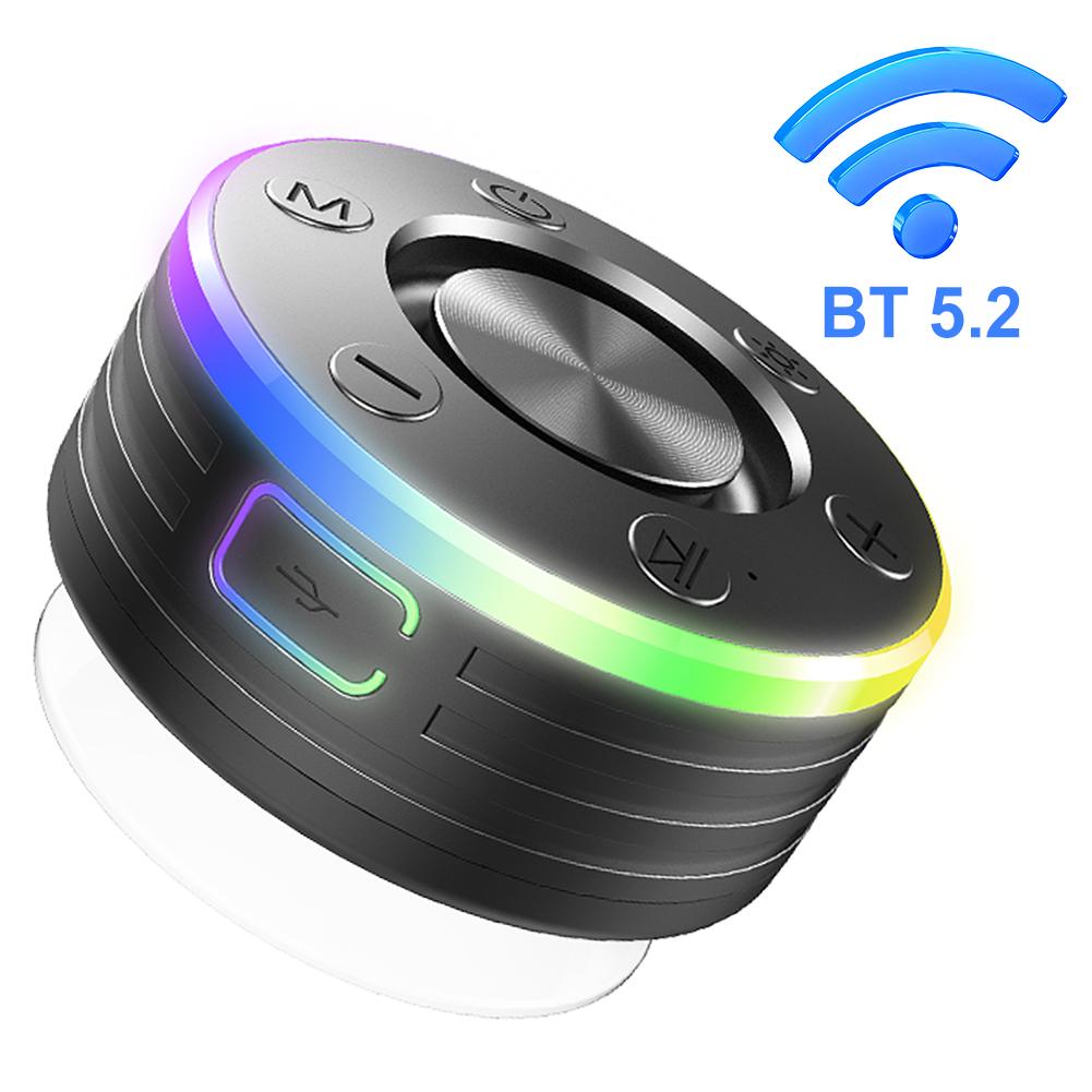 Waterproof Wireless Speaker with Suction Cup/RGB Light Bluetooth-Compatible 5.2 Hands-Free Call/FM Radio for Bathroom Sing-Along