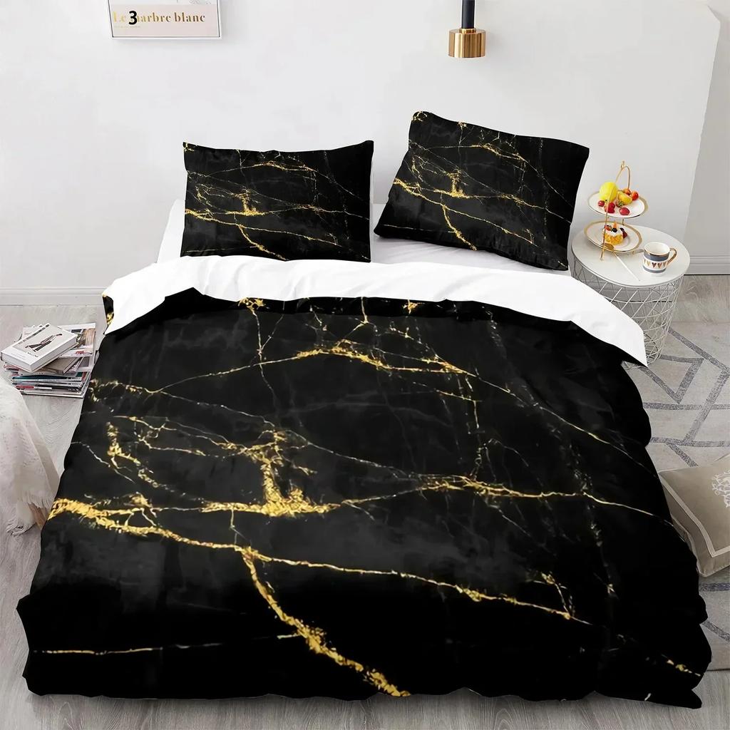 White Gold Abstract Marble Texture Bedding Set Boys Girls Twin Queen Size Duvet Cover Pillowcase Bed Kids Adult