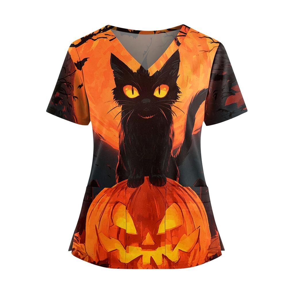 Women's V Neck Casual Halloween Print Top for Caregivers Short Sleeve Comfortable Fit Lightweight Fabric Workwear