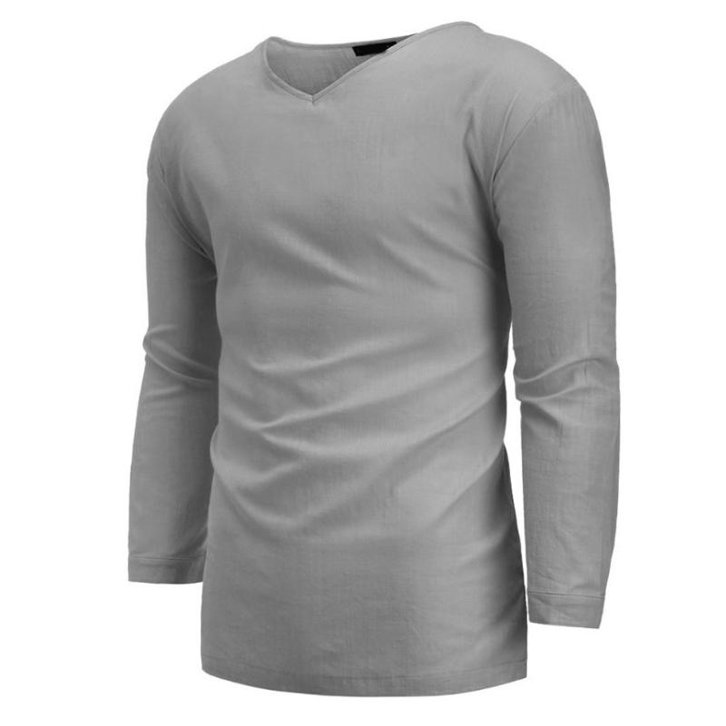 Men's Summer Long Sleeved V Neck Cotton and Linen Loose Plus Size Shirt
