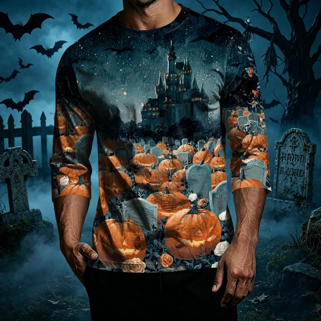 Men's Halloween Print Casual T Shirt 3 4 Sleeve Crew Neck Top Lightweight Comfortable Fit Seasonal Graphic Tee