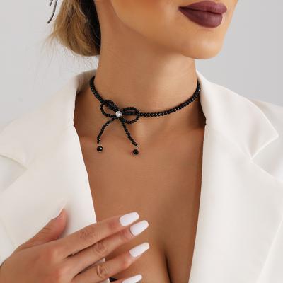 Gioielli Temperamento Perline Cristallo Nero Fiocco Collana Girocollo Semplice Collana Fatta a Mano