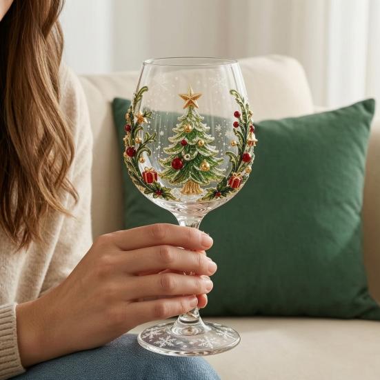 Klares Borosilikatglas Weihnachts-Stielweinglas, Schneemann/Weihnachtsmannkranz/Elch/Weihnachtsbaum Handbemalt, Einzigartige Austauschgeschenke Kreatives Stielglas