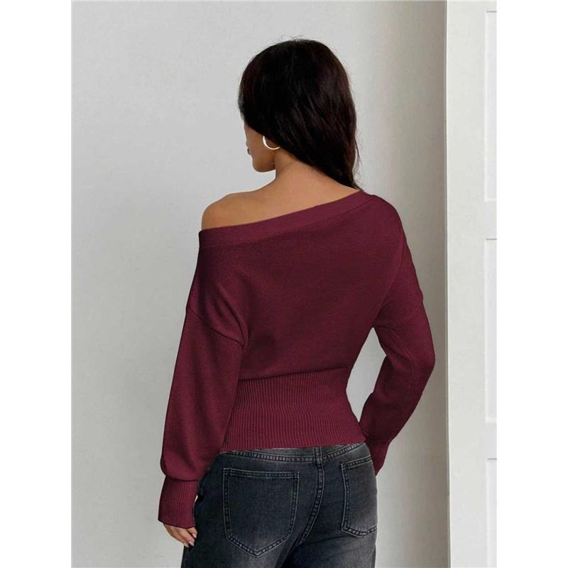 Women Off Shoulder Knit Sweater One Line Neck Loose Batwing Sleeve High Waist Slim Fit Casual Pullover Jumper Top