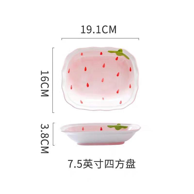 Pink Strawberry Plate Rectangular Ceramic Western Steak Plate Round Fruit Dessert Bowl Noodle Soup Large Bowl Breakfast Milk Mug