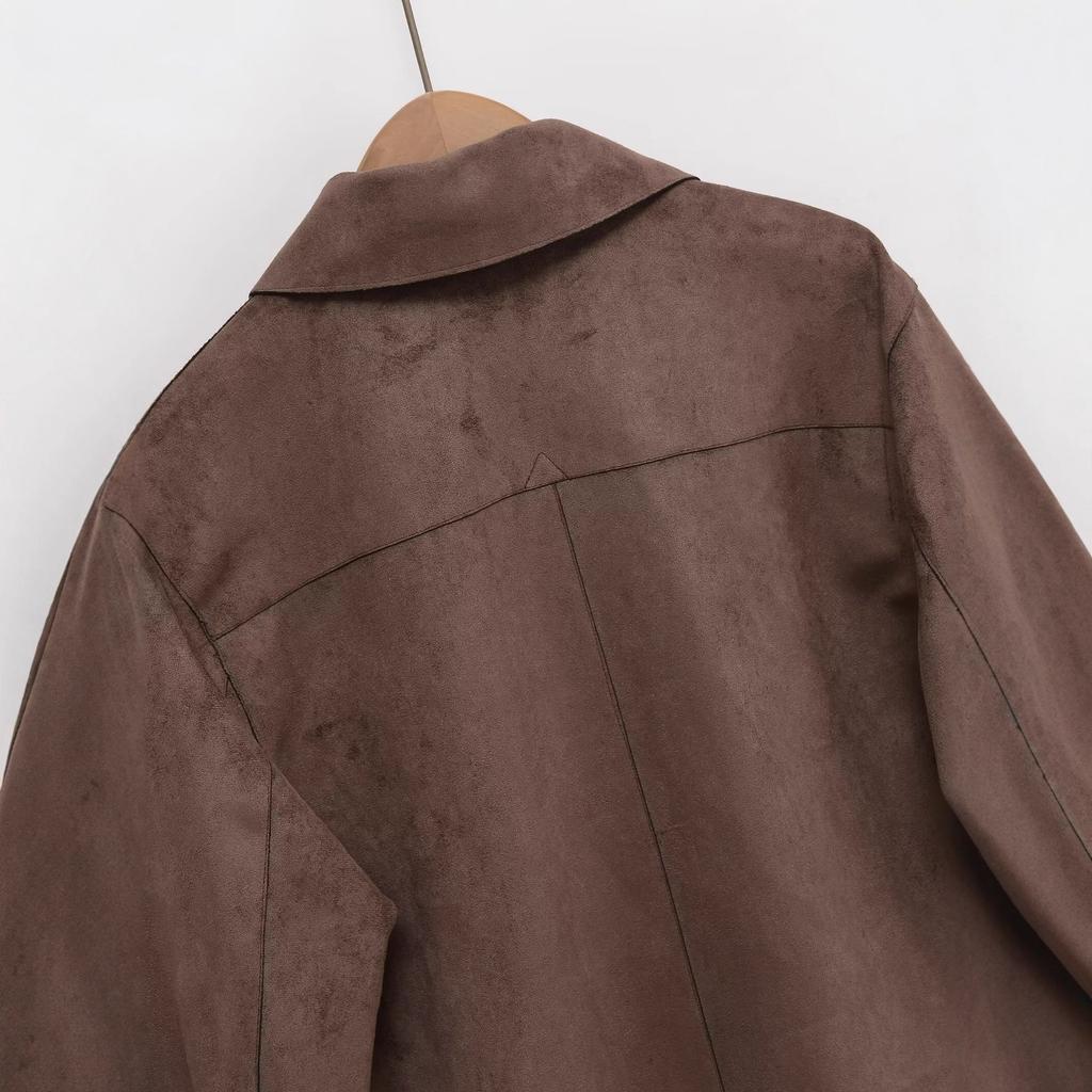 Women Stand Collar Faux Suede Cropped Jacket Loose Casual Long Sleeve Cargo Short Coat
