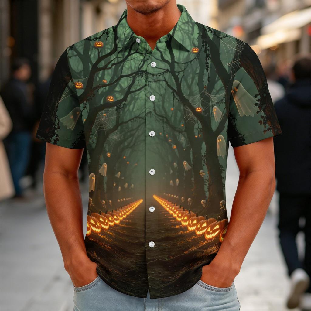 Men's Halloween Print Vintage Button Down Cardigan Shirt - Loose Fit Breathable Summer Casual Streetwear Top