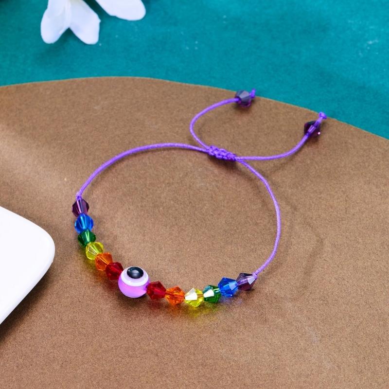 Handcrafted Rainbow Bead Bracelets Adjustable Size Knotted Rope Evil Eye Hanadchain Rainbow Bead Bracelets Women Girl