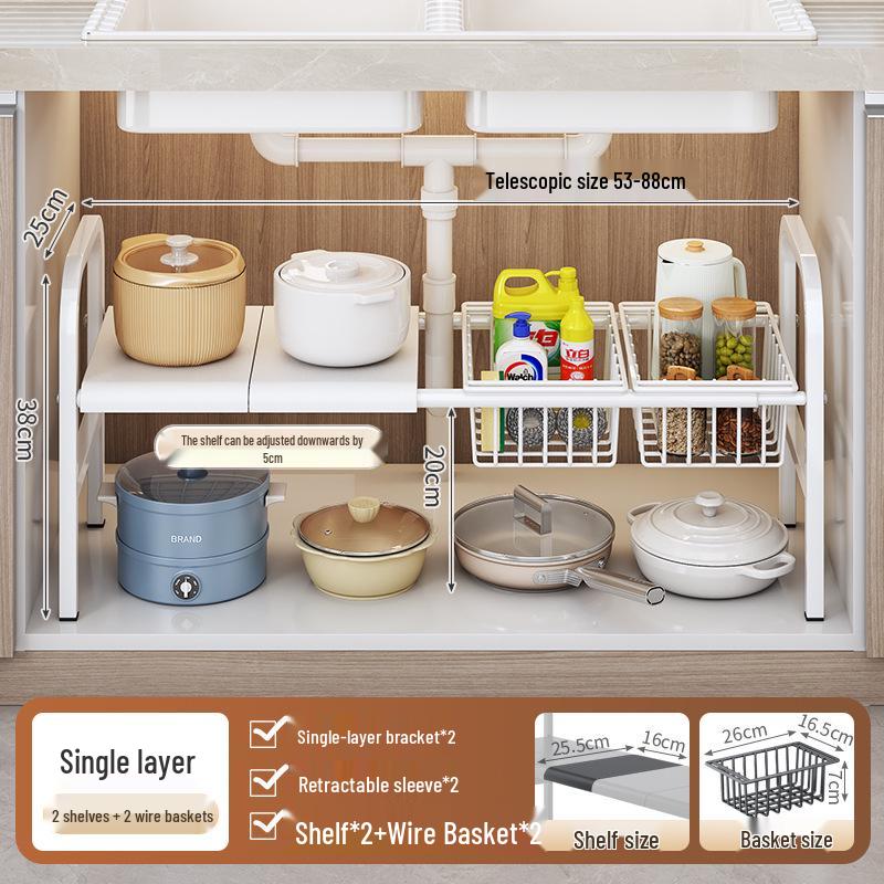 Retractable Under-Sink Tiered Shelf and Pot Storage Rack
