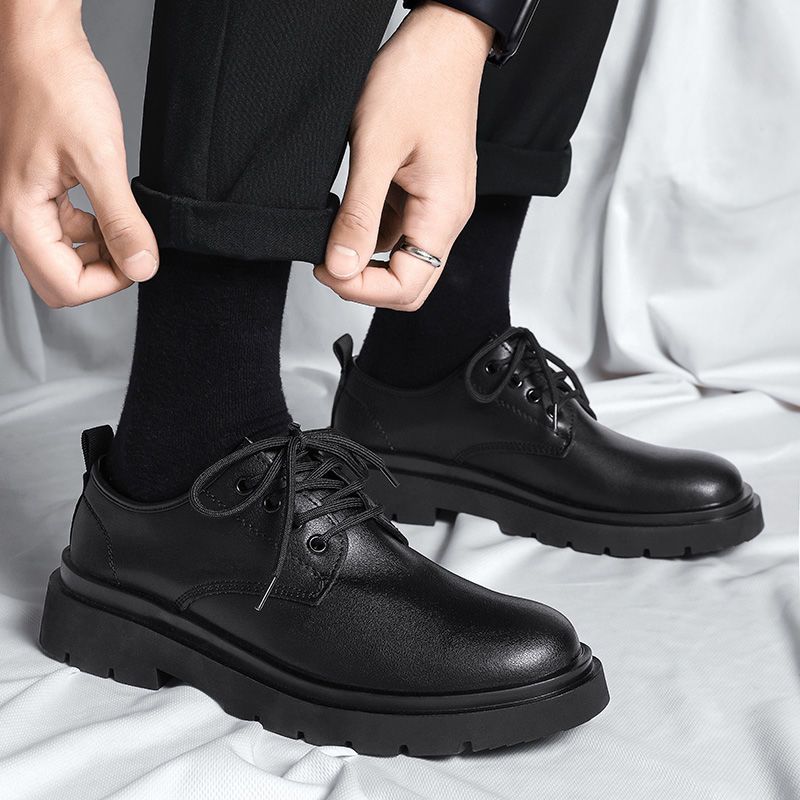 Fashion Thick Sole Male Casual Shoe Black Plain Low-Top Common Retro Classic Original Price New In Cowhide Size 44 Men's Leather Shoes