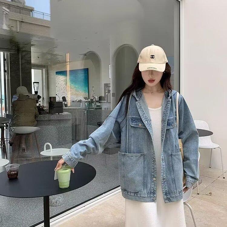 2024 Spring/Autumn Women's Hooded Loose-Fit Denim Jacket: Retro, Flattering, Casual Outerwear for a Slightly Chubby Style