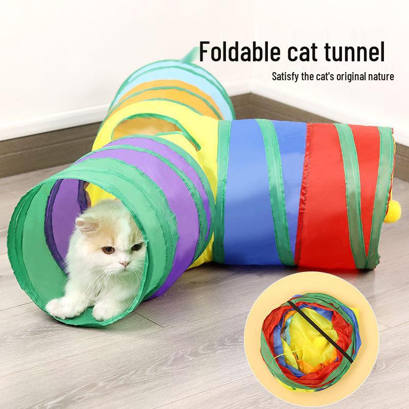 Rainbow Cat Tunnel & Teaser Toy - Self-Amusement, Boredom Relief, Physical Exercise for Kittens