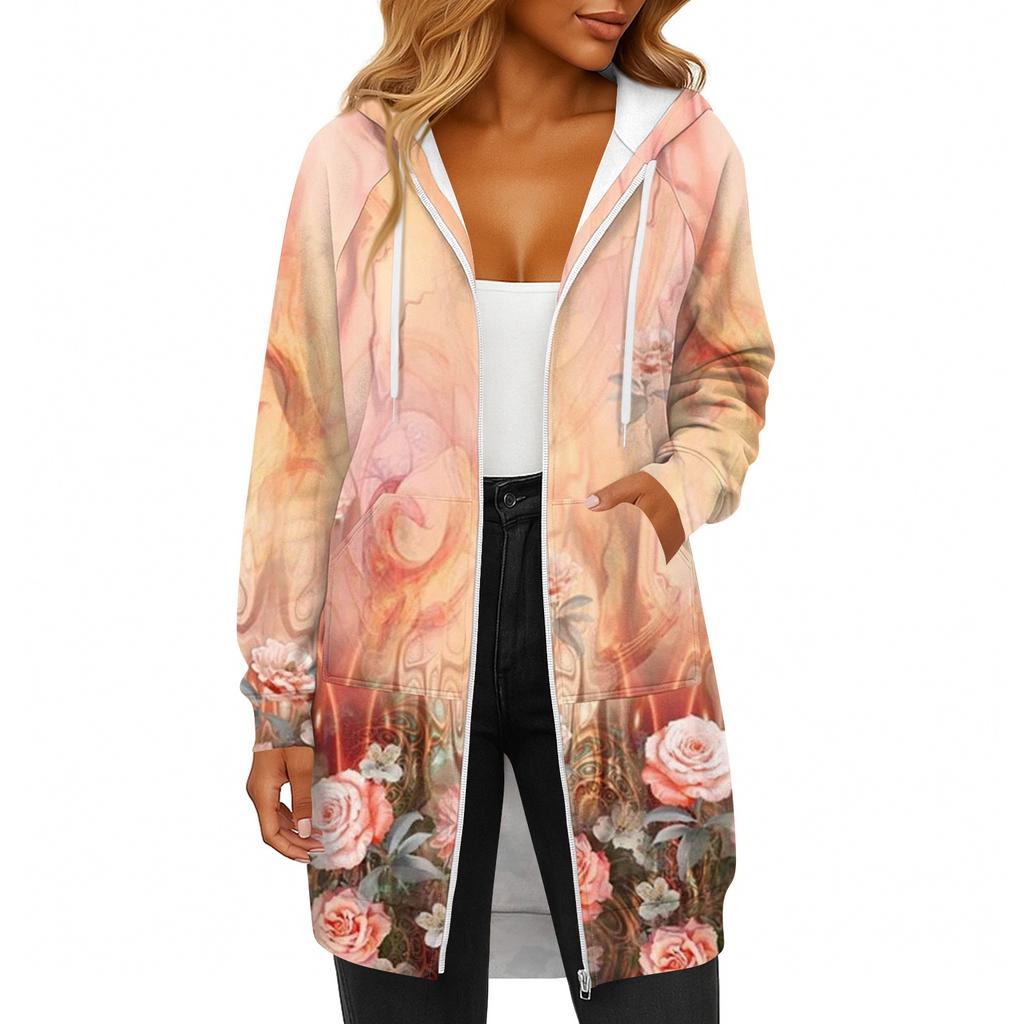 Women's Fashionable Printed  Long Sleeved Drawstring Hooded Zipper Pocket Long Casual Sweatshirt Jacket