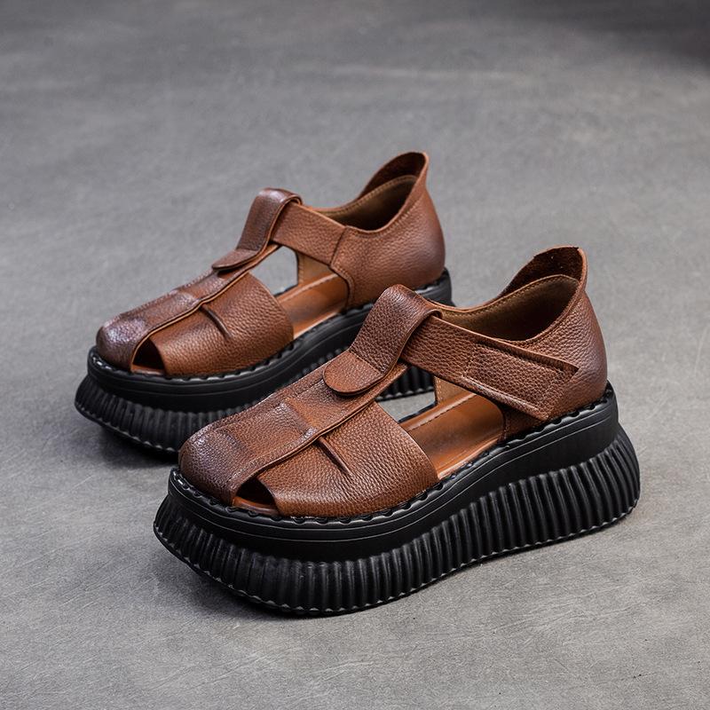 Fashion GKTINOO Woman Sandals Summer Wedge Sandals Casual Cutout Genuine Leather Women Shoes Female Ladies Platform Retro Sandalias