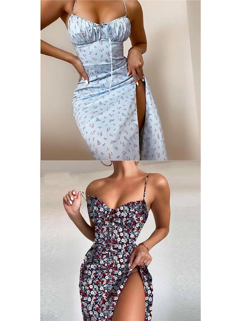 2026 Spring European & American Women's Sexy Printed Lace-up Slit Camisole Dress