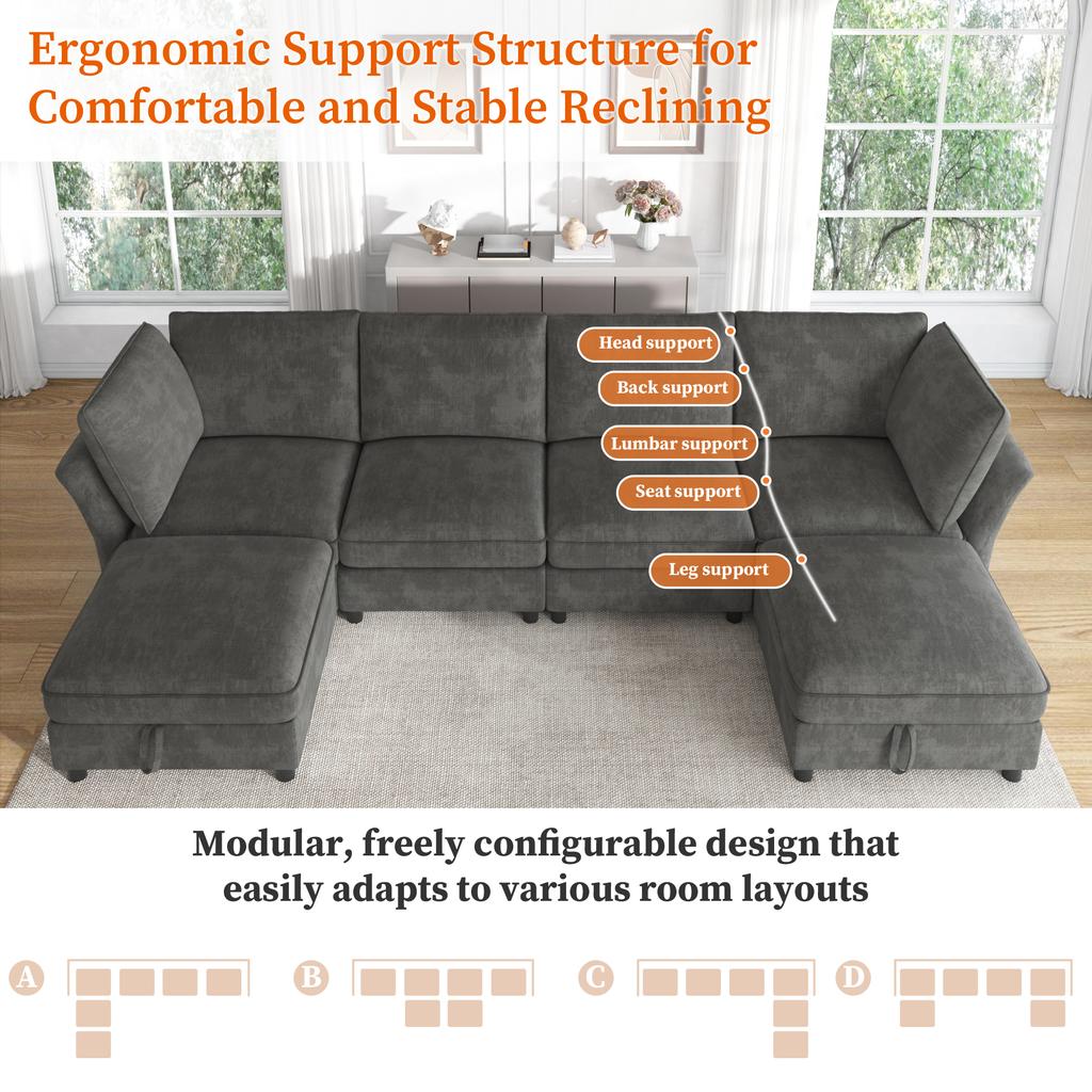 Modular U-/L-Shaped Corner Sofa, Combinable 6-Seater with Storage Stool, Cloud Design, Chenille Fabric, for Living Room, Apartment and Bedroom, Grey.
